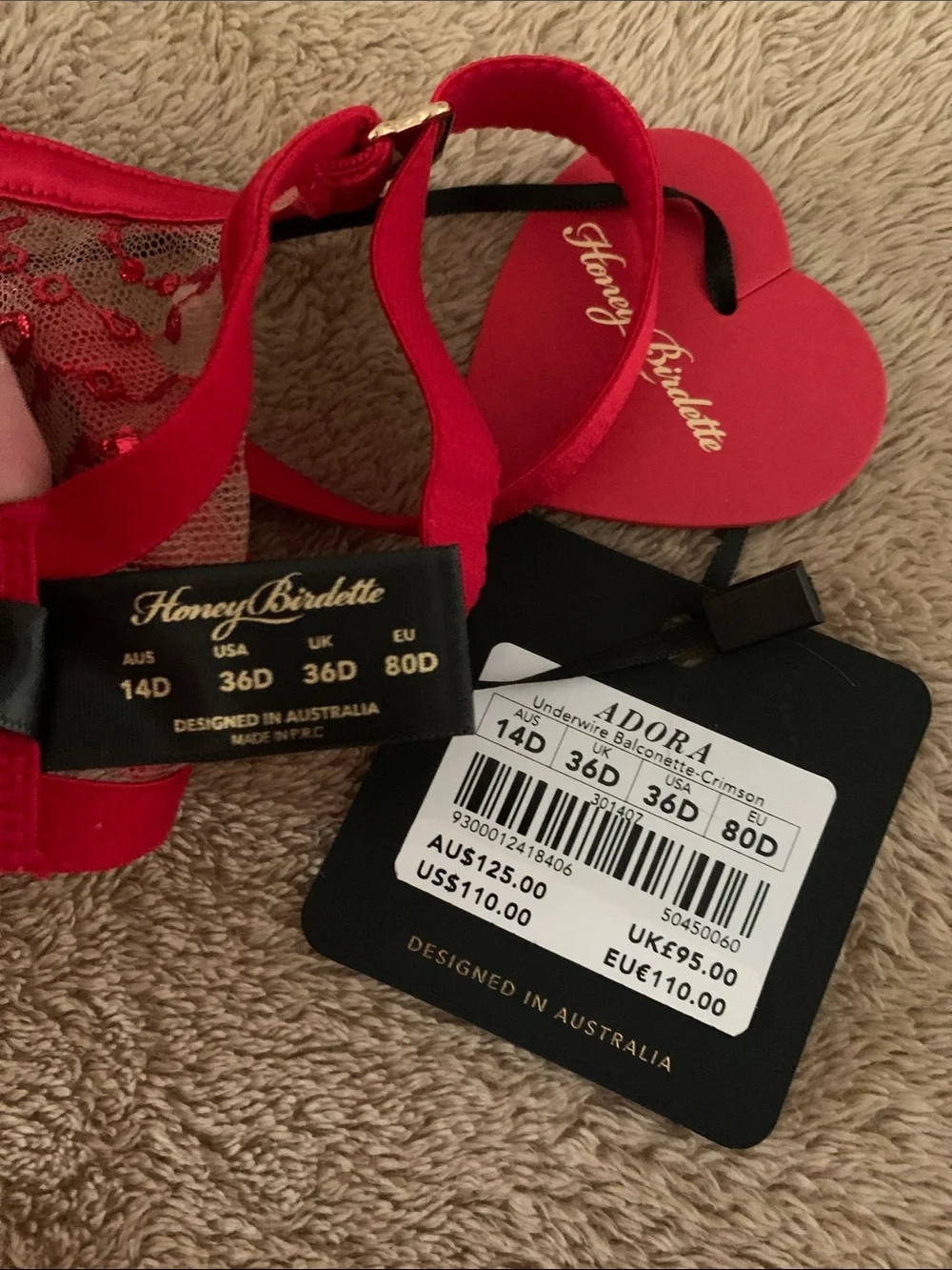 Honey Birdette “Adora” Heart-Embroidered Red Lace Bra, Garter & Thong Set
